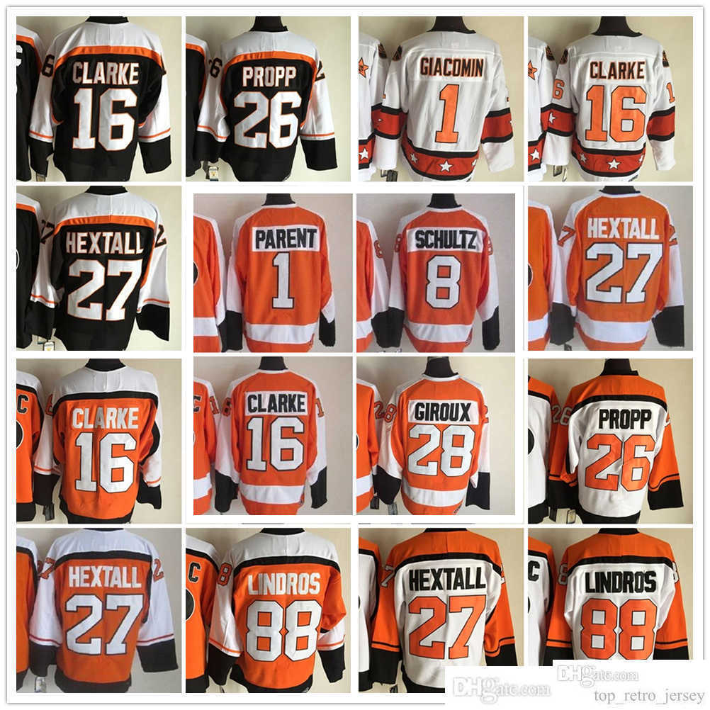 

Philadelphia''Flyers''New Retro Ice Hockey Jerseys 88 Eric Lindros 27 Ron Hextall 1 Bernie Parent 16 Bobby Clarke 26 Brian Propp 8 Dave Schultz 7 Barber 28 Claude Giroux, Same as picture (with team name)
