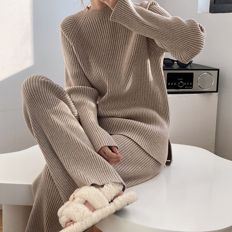 

Women s Two Piece Pants Solid color split sweater wide leg pants two piece set women s spring fashion loose and autumn knitted suit 221119, Camel