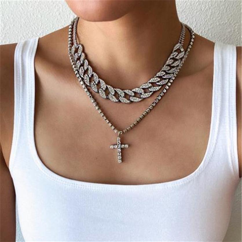 

Hip Hop Cuban Link Chain Choker necklace set Iced Out cross pendant necklace Jewelry Women Men Hiphop Bling Luxury Jewellery238z