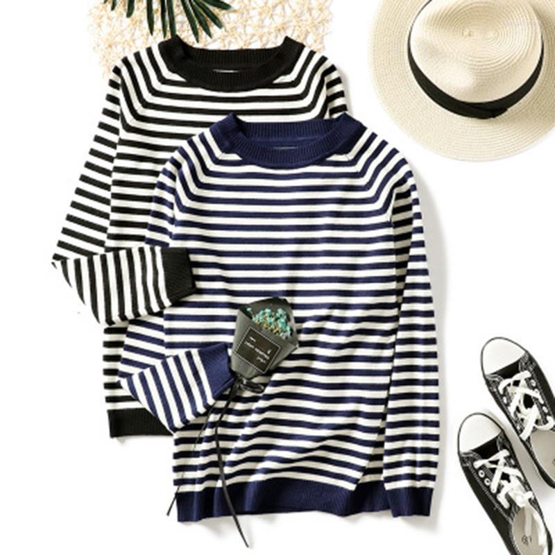 

Women's Sweaters Women's GGRIGHT Autumn Winter Black White Striped Sweater Casual Pullovers Women O-Neck Knitted Korean Fashion Pull
