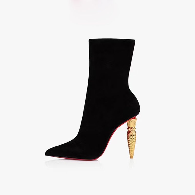 

Scepter Lipstick Metal High Heel Short Boots Black Wine Red Round Side Zipper Winter Sexy Cusp Deerskin Ankle Luxury Designer 10CM Fashion Boots