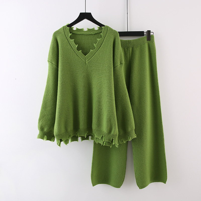 

Women s Two Piece Pants Casual Green Knitting Suit Winter Outfit Loose V Neck Pullover Sweater Wide Leg Solid Fall Two Piece Set 221119, Khaki