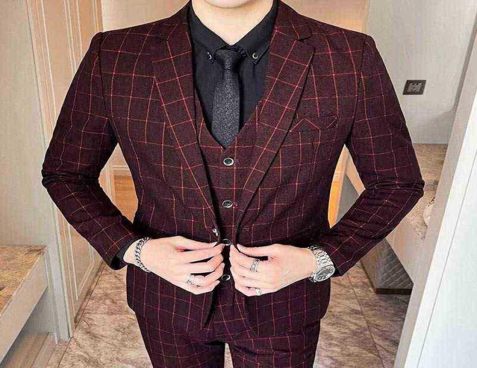 

Suits Blazers 2022 Men Business Professional Plaid Suit Youth Slim Man Groom Wedding Suit Three Pieces J2209061471751, Dark brown