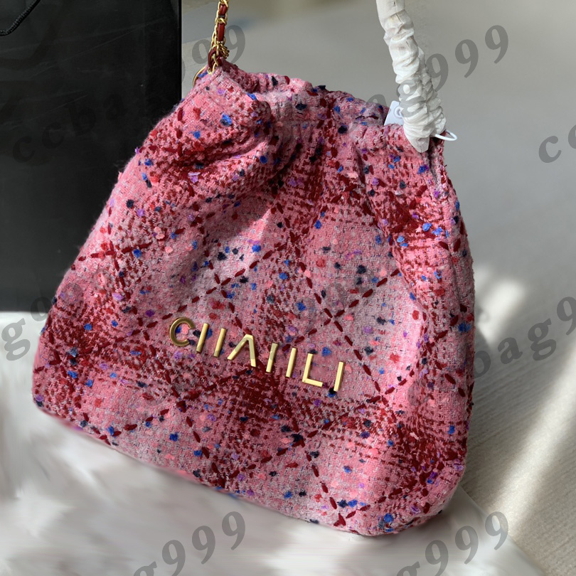 

Women F/W Pink Tweed Shopping Bags Fur Quilted Embroidery Gold Hardware Leather Chain With Purse French Designer Outdoor Trend Large Capacity Lady Handbags 36x33CM, Box