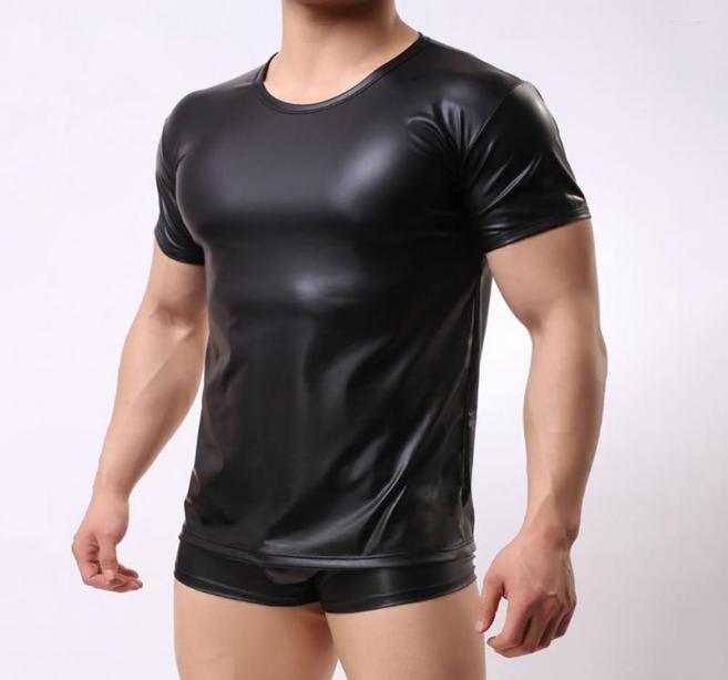 

Men039s T Shirts Men Tshirt Short Sleeve Elastic Faux Leather Undershirt Muscle Ops Fitness Man For Party7146925, Black