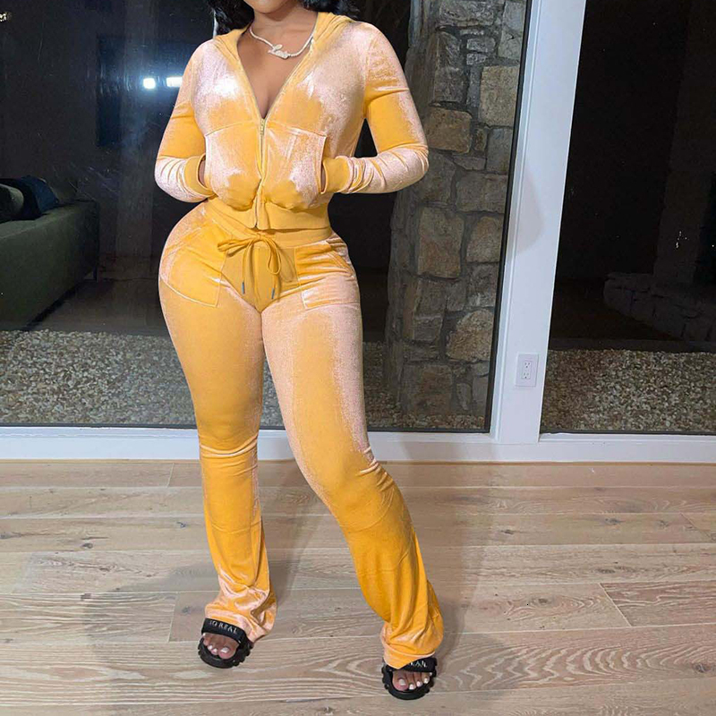 

Women  Two Piece Pant Velvet Set Autumn Winter Tracksuit Outfits Long Sleeve Hooded Zipper Sweatshirt Drawstring Wide Leg Suit 221119, Pink