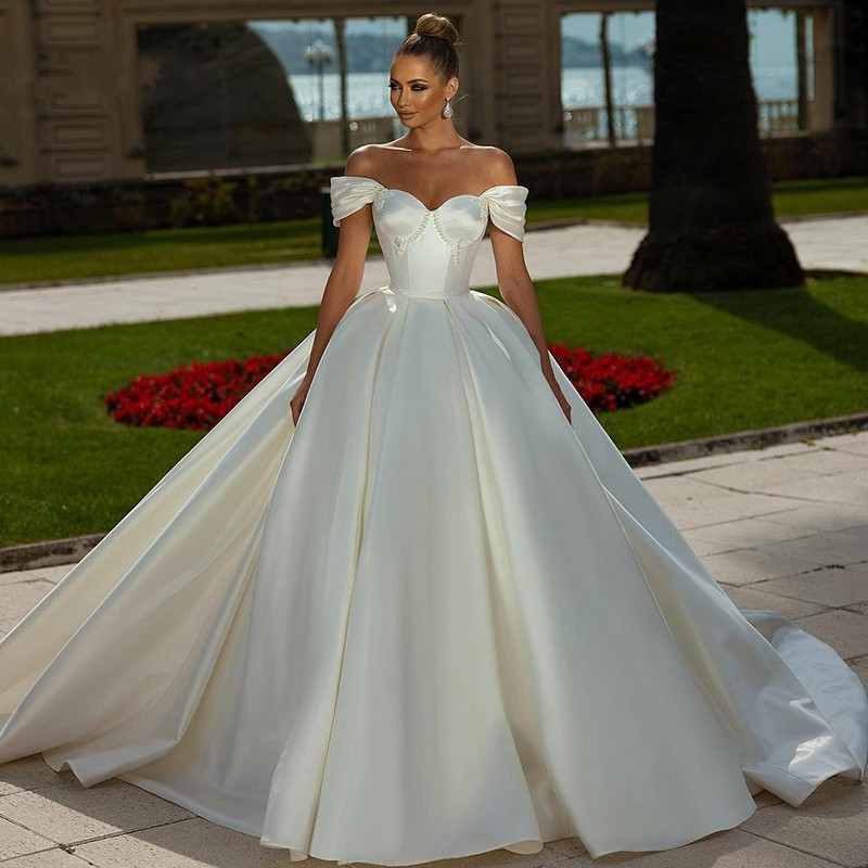 

Princess Wedding Dress Off The Shoulder Sweetheart Beads Robe De Mariee Lace Up Back Satin Bridal Gowns Vestido De Noiva 2023, White