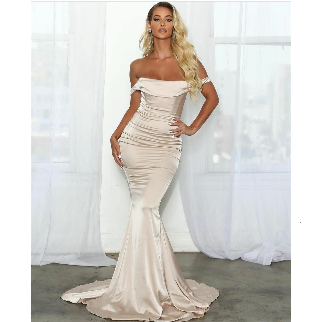 

Party Dresses Elegant Long Off Shoulder Mermaid Evening Satin Pleated Zipper Back Sweep Train Abendkleider Robes de Soire for Women 221119, Ivory