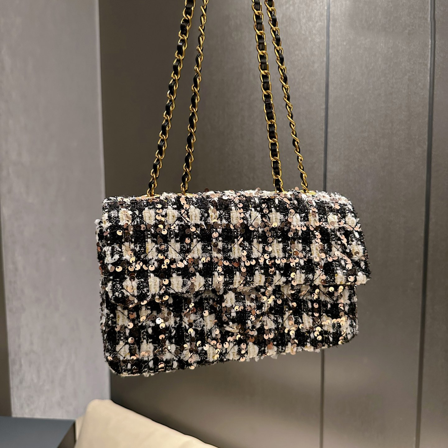 

Womens Shiny Houndstooth Sequins Designer Bags Classic Shimmer Quilted Metallic Leather Hardware Chain Crossbody Shoulder Purse Multi Pochette Handbags 20/25CM, Box