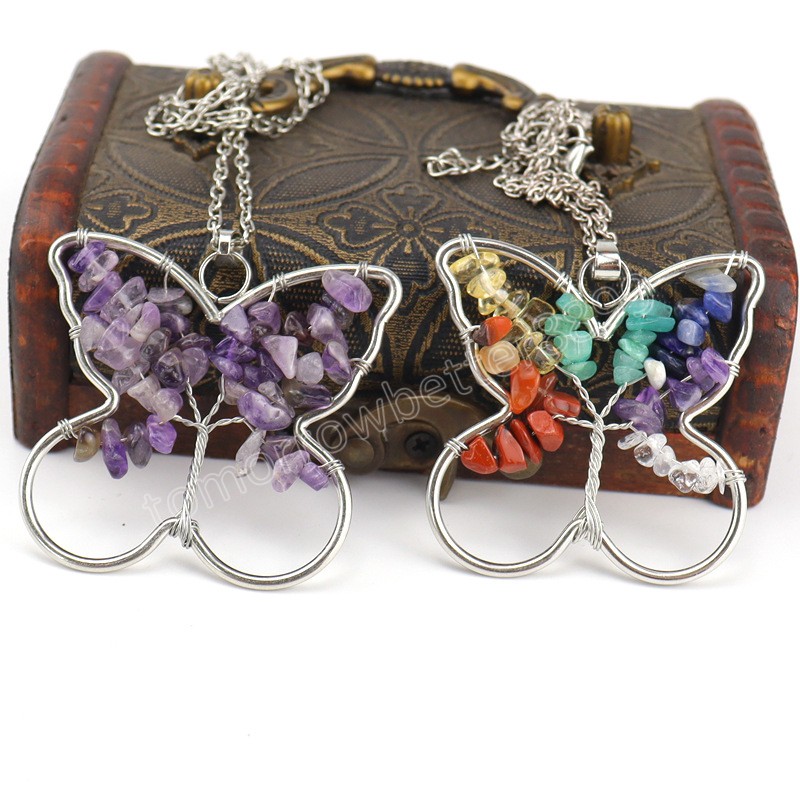 

Butterfly Pendant Necklaces Women Handmade Natural Stone Life of Tree Crystal Quartz Amethyst Agate Chakra Reiki Healing Gemstone Silver Link Chains Charm Jewlery