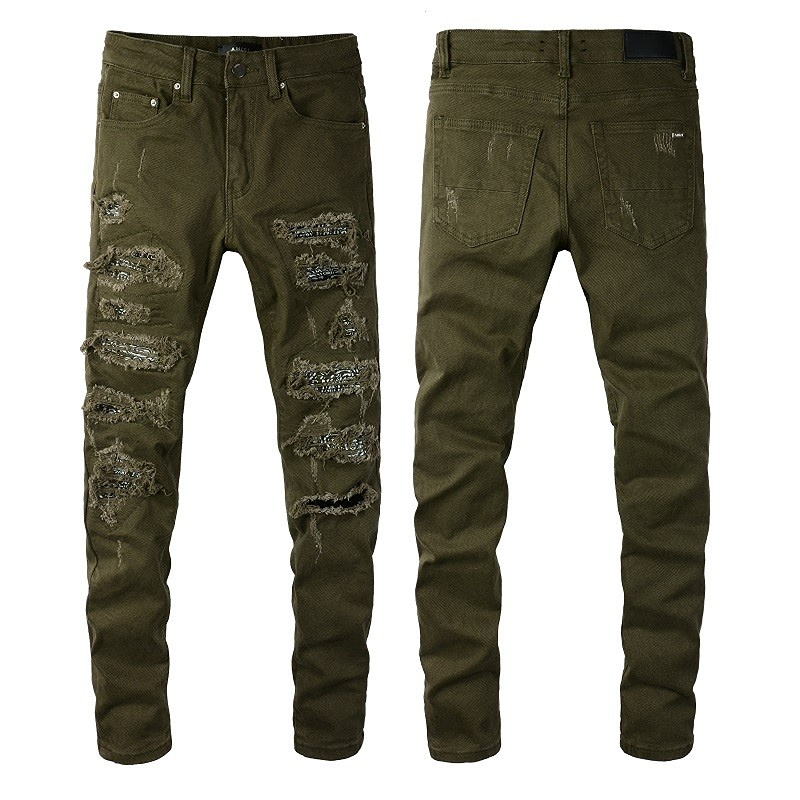 

Casual Pencil Pants Mens Jeans AMRIS Green Straight Trousers Streetwear Striped Patch Hole Cargo Jean For Men Relaxed Stretch Slim Feet