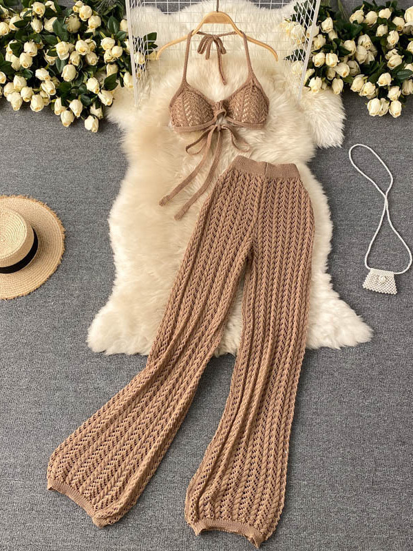 

Women s Two Piece Pant Summer Design Knitted Set Sexy Backless Halter Short Tops Chic Hollow Wide Leg Long Suit 221119, White