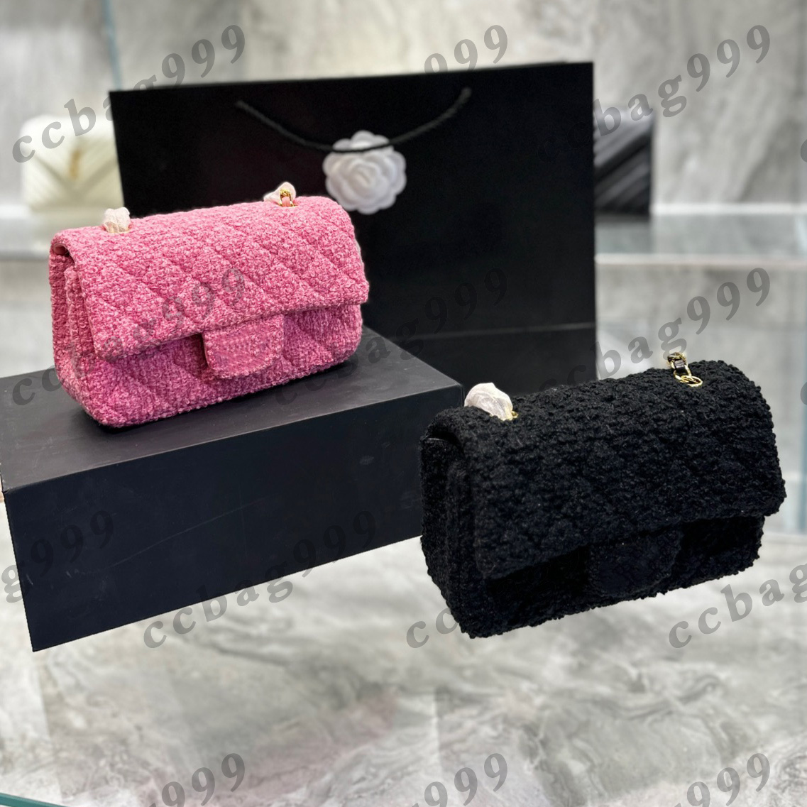 

Classic Womens Tweed Flap Quilted Bags Black Pink Matelasse Metal Turnbuckle Hardware Chain Mini Crossbody Sacoche Purse Fall Winter Designer Trend Handbags 20CM, Box