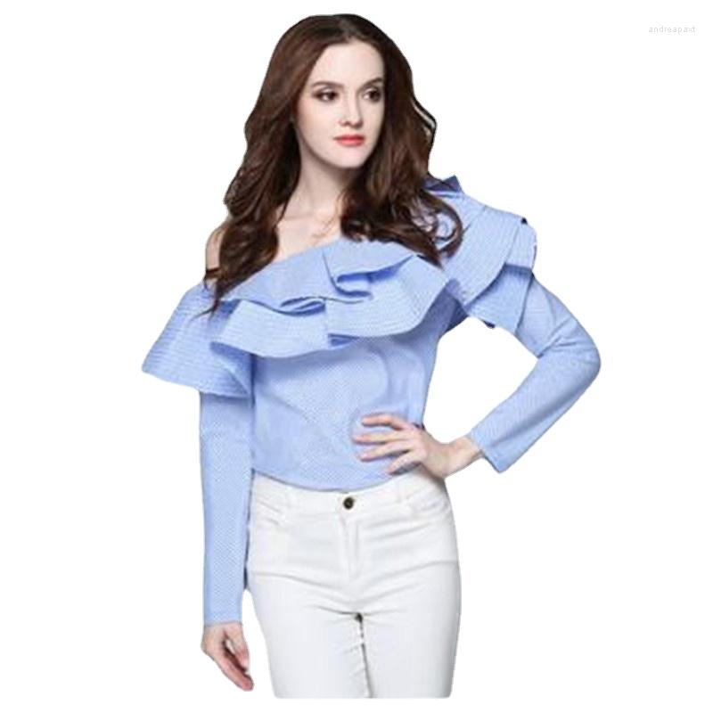 

Women' Blouses Spring Summer Fashion Blue Striped Shirt Long Sleeve Casual Slim OL Blouse Cold One Shoulder Ruffled Tops Elegant Blousa