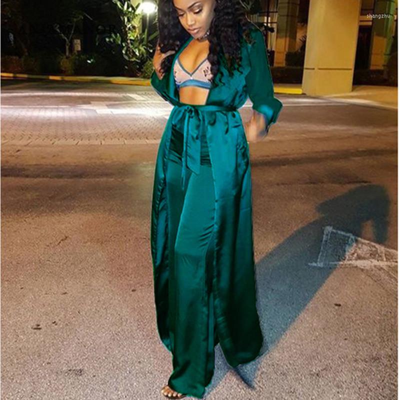 

Women' Two Piece Pants ANJAMANOR Satin Silk Sexy Club Set Party Outfits Long Sleeve Cardigan Wide Leg Matching Sets D37-AH07, Black