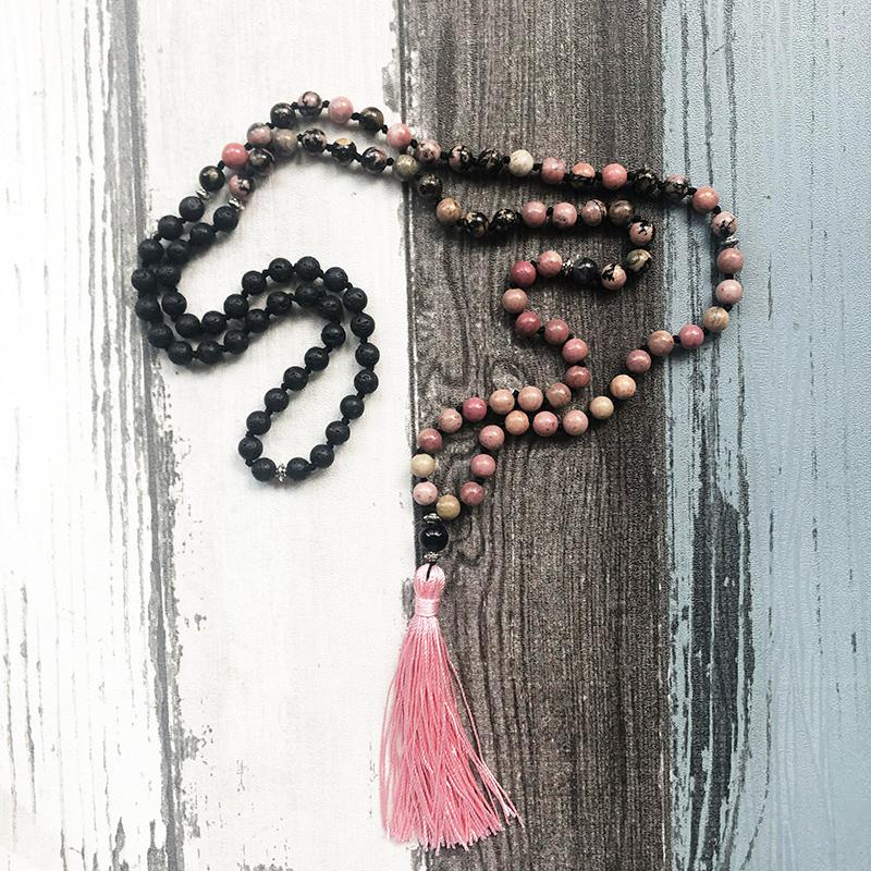 

Chains Pink Black Rhodonite Lava Stone Mala Necklaces Knotted 108 Beads Necklace Handmade Long Tassel Gift For GirlFriend