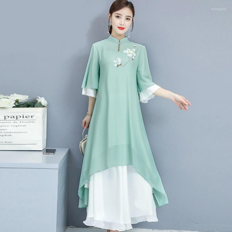 

Ethnic Clothing Chinese Style Women'S Summer 2022 Cheongsam Dress Mandarin Collar Robe Vintage Femme Traditional 11232
