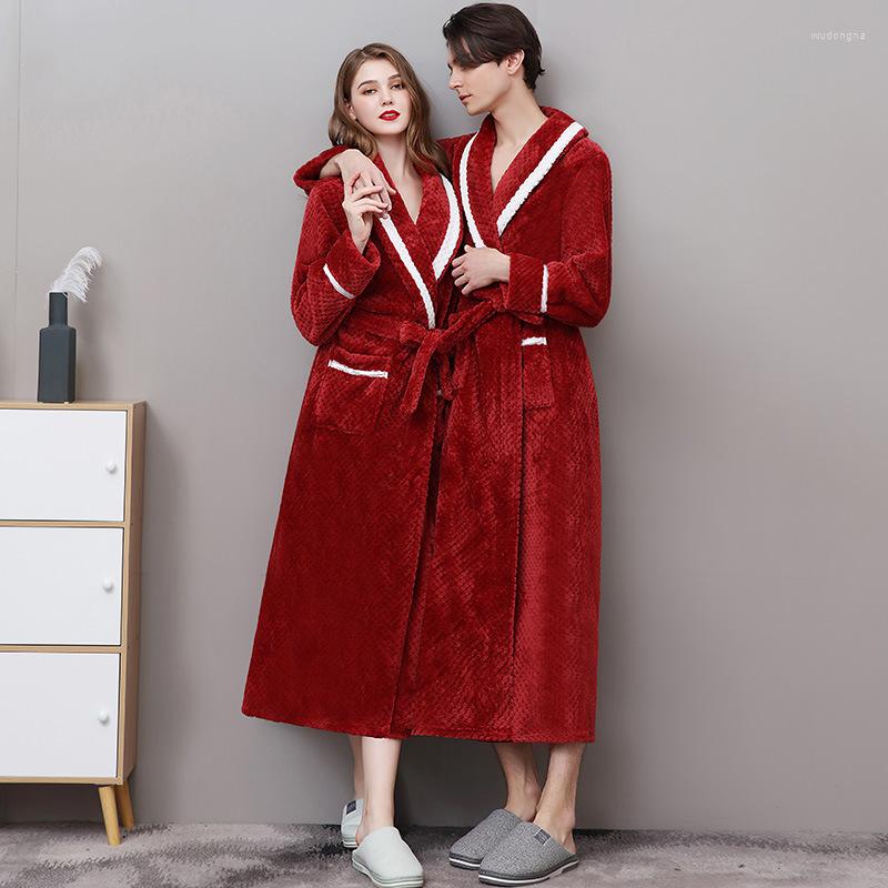 

Men's Sleepwear Winter Warm Coral Fleece Dressing Gown Men's Bathrobe Female Nightgown Large Size Robe Pajamas For Couples Long Sleeve, Women navy blue