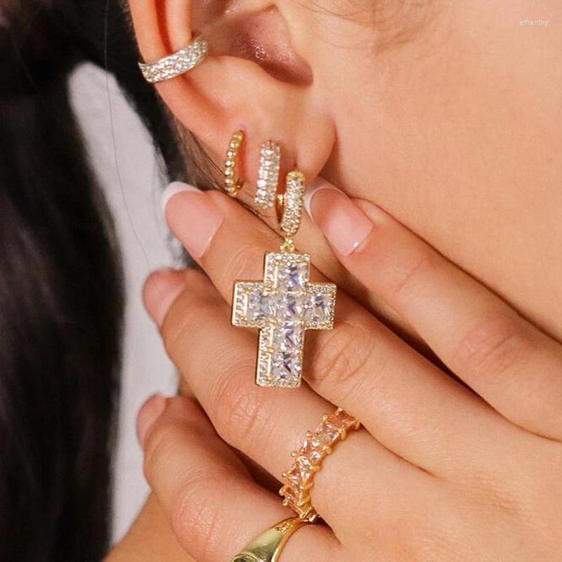 

Dangle Earrings 2022 Sparking Bling Cz White Purple Cross Charm Gold Color Iced Out Luxury Cubic Zirconia Fashion Jewelry