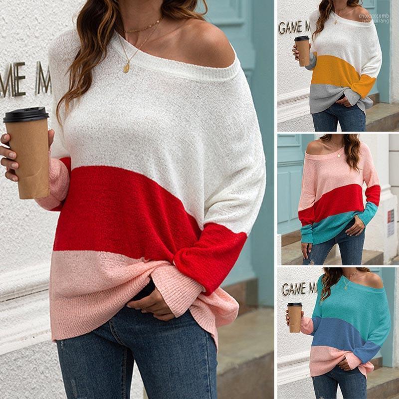 

Women' Sweaters Women' Pullover Rainbow Stripe Patchwork Long Sleeve Loose Knitted Tops Lightweight, Green