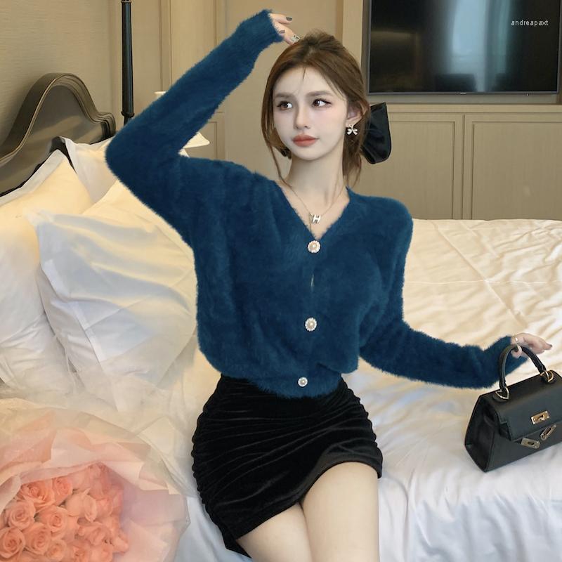 

Women's Knits Pearl Buttons Mink Cashmere Cardigan Women V-neck Long Sleeve Knit Sweaters Loose Vintage Autumn Winter Outwear Harajuku O233, Blue