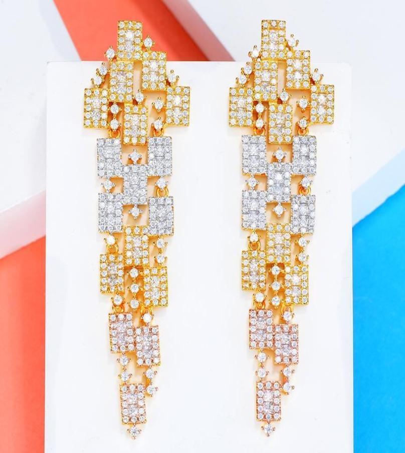 

Dangle Chandelier GODKI 73mm Luxury 3 Tone Geometry Long Earrings For Women Wedding Fu Cubic Zircon Crystal CZ Dubai Bridal Earr9464618