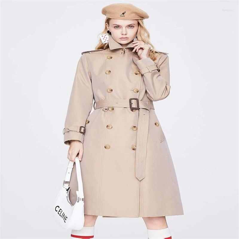 

Women' Trench Coats Fashion Solid Coat Women 2022 Autumn Laple Double Breasted Lace Up Slim Mid-Length Windbreaker Female Overcoat G1510, Beige