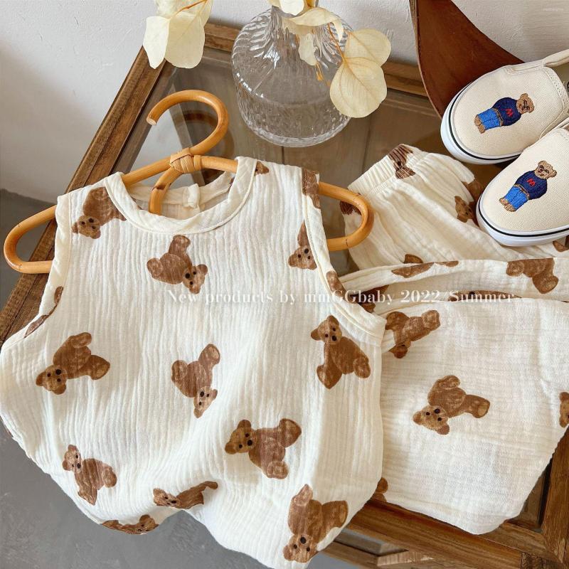 

Clothing Sets 2022 Summer Children Sleeveless Clothes Set Boys Cute Bear Print Vest Suit Cotton Girls T Shirt Pants 2pcs Kid Outfits, Beige