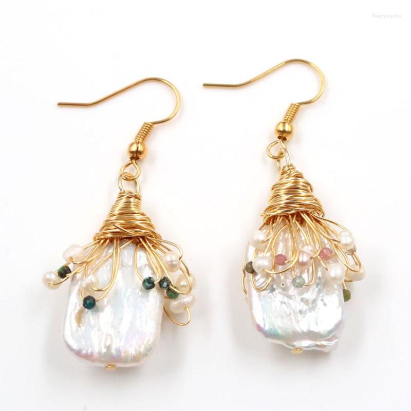 

Dangle Earrings FYJS Unique Light Yellow Gold Color Wire Wrap Irregular Shape Pearls For Women Jewelry