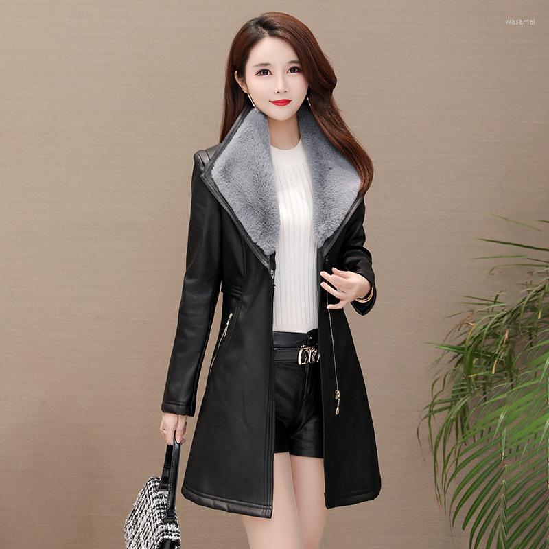 

Women's Leather #0427 Women's Jacket With Fur Slim Casual Faux Coat Zipper Outerwear Winter Warm Thick Lapel Collar, Black