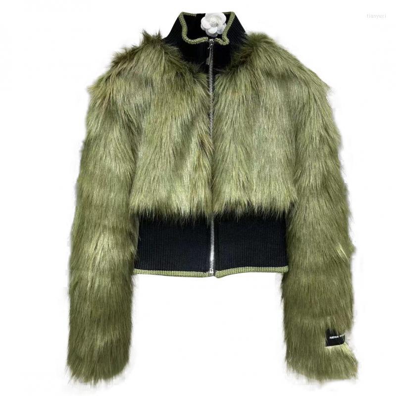 

Women' Fur Women Coat Splicing Color Matching Stand Collar Green High Waist Vintage Fashion Faux Jackets 2022