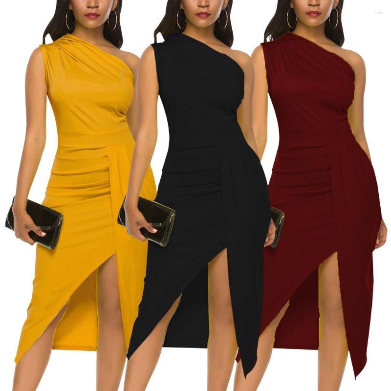 

Casual Dresses SKMY Solid Color 2022 Summer Irregular One Shoulder Dress Fashion Slit Sleeveless Bodycon Midi Party Sexy Club Outfits, Black
