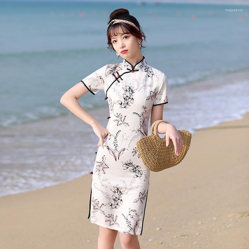 

Ethnic Clothing Summer Women Short Sleeve Qipao Lady Print Social Etiquette Dress Female Chinese Traditional Sexy Cheongsam
