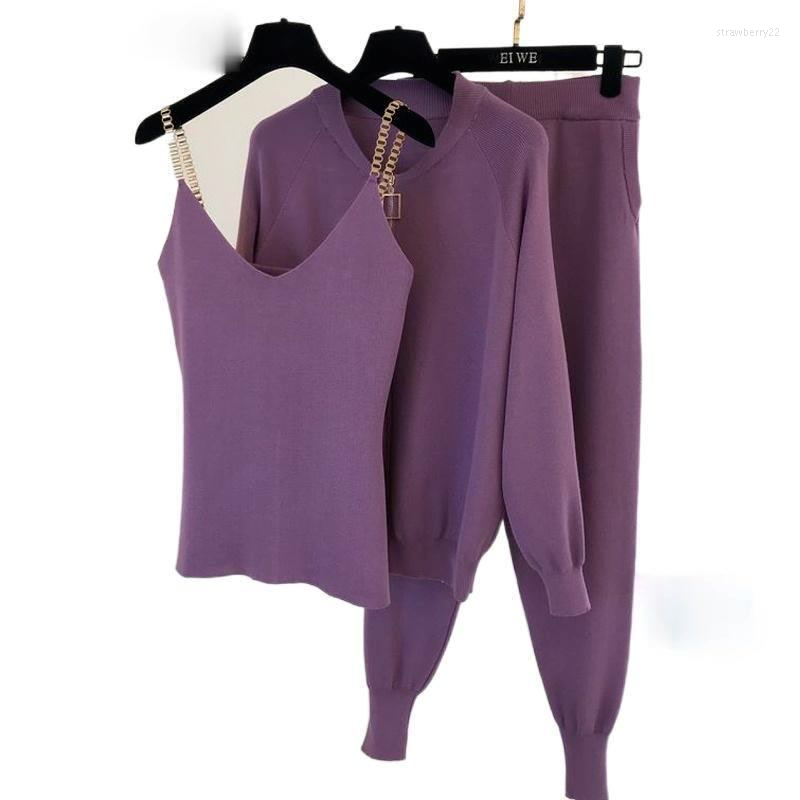 

Women's Two Piece Pants 2022 Spring Knitting 3 Set Zipper Jacket Long Sleeve Cardigans Sexy Vest Tank Top Solid Casual Tracksuits Women, Grey