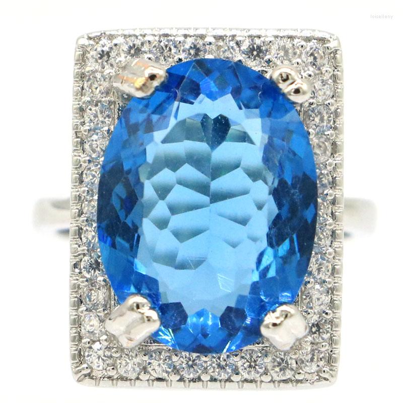 

Cluster Rings 19x15mm European Design 6.3g Oval London Blue Topaz White CZ Women Wedding 925 Silver Birthday Gift