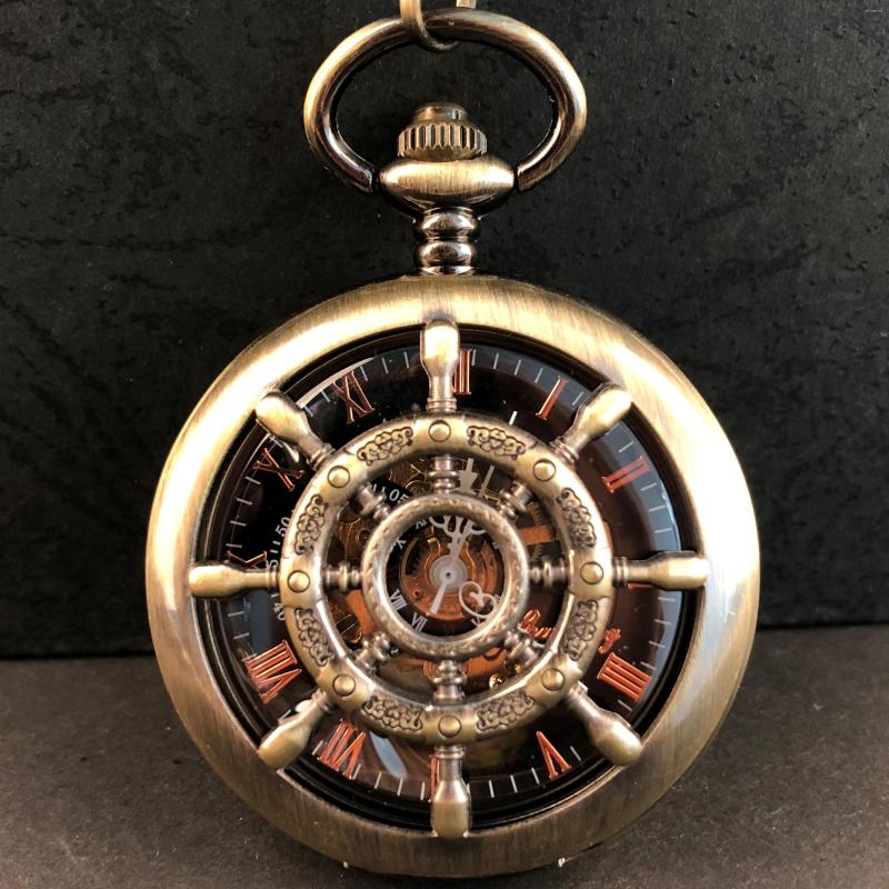 

Pocket Watches Bronze Boat Rudder Mechanical For Men Hollow Steampunk Skeleton Pocket&Fob Chain Male Gifts Reloj Hombre, Brown