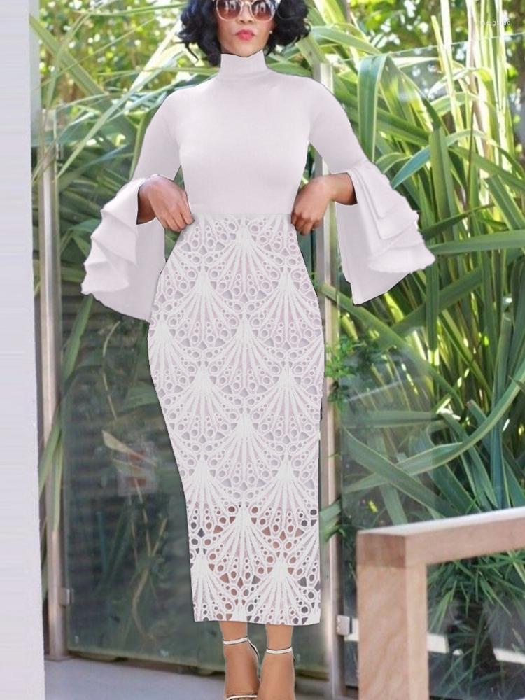 

Ethnic Clothing Dashiki African Dresses For Women Formal White High Neck Long Sleeve Lace Cover Classy Evening Party Birthday Outfits