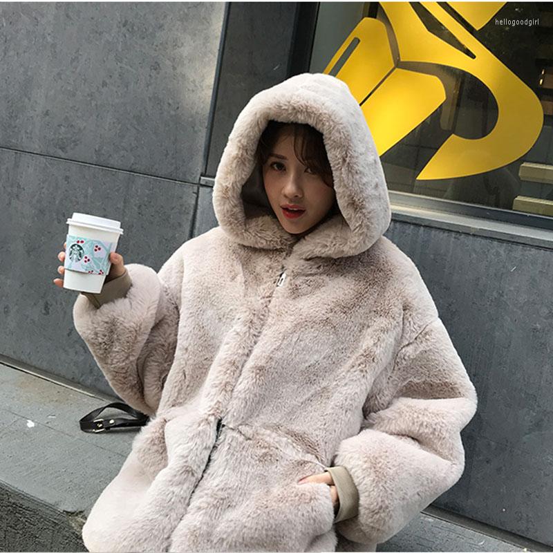 

Women's Fur 2022 Women's Large Size Winter Imitation Lamb Coat Female Loose Thick Plush Mid-Length Hooded Overcoat Zipper Ladies E453, Black