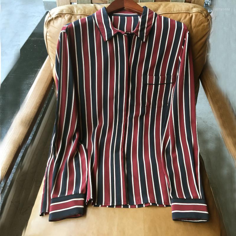

Women's Blouses Silk Lapel Black And Red Striped Long-sleeved Shirt Women, Black and red stripe