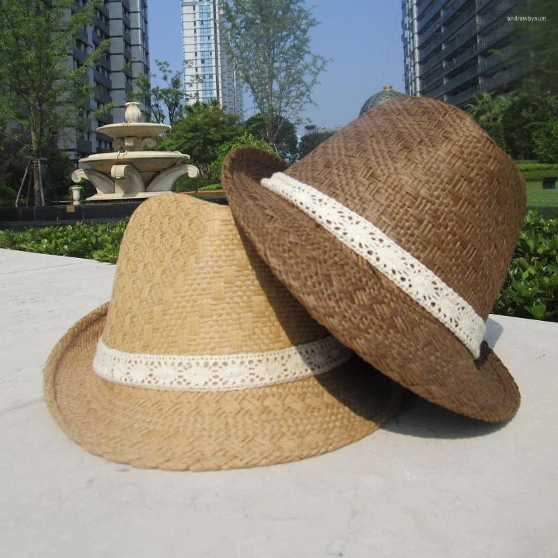 

Berets Panama Hat Men Straw Fedora Male Sunhat Women Summer Beach Sun Visor Cap Chapeau Cool Jazz Trilby Sombrero With Withe Lace, C026-1