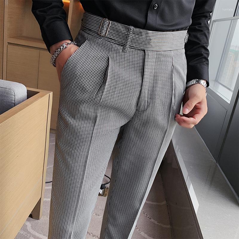 

Men's Suits British Style Business Formal Wear Houndstooth Suit Pants Men Clothing 2022 Simple Slim Fit Casual Straight Office Trousers 36, Coffee plaid