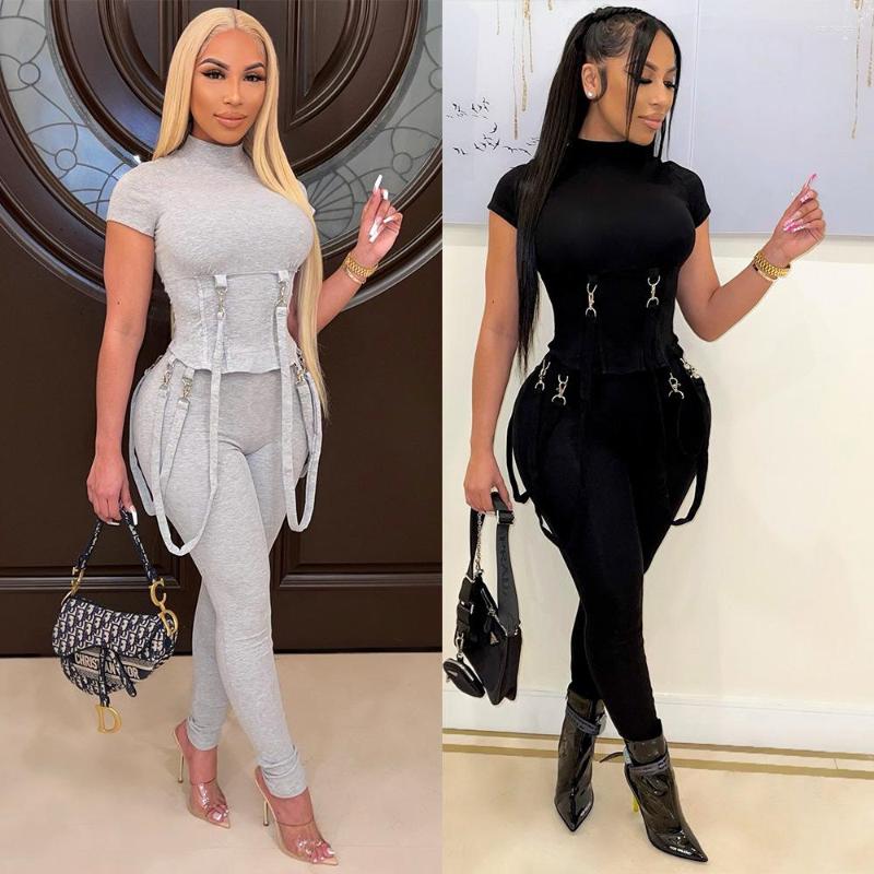 

Women' Two Piece Pants Fashion Black Grey Locomotive Style Tracksuit Women Casual O Neck Short Sleeve Top Slim Club Set Jogging Femme, Grey set