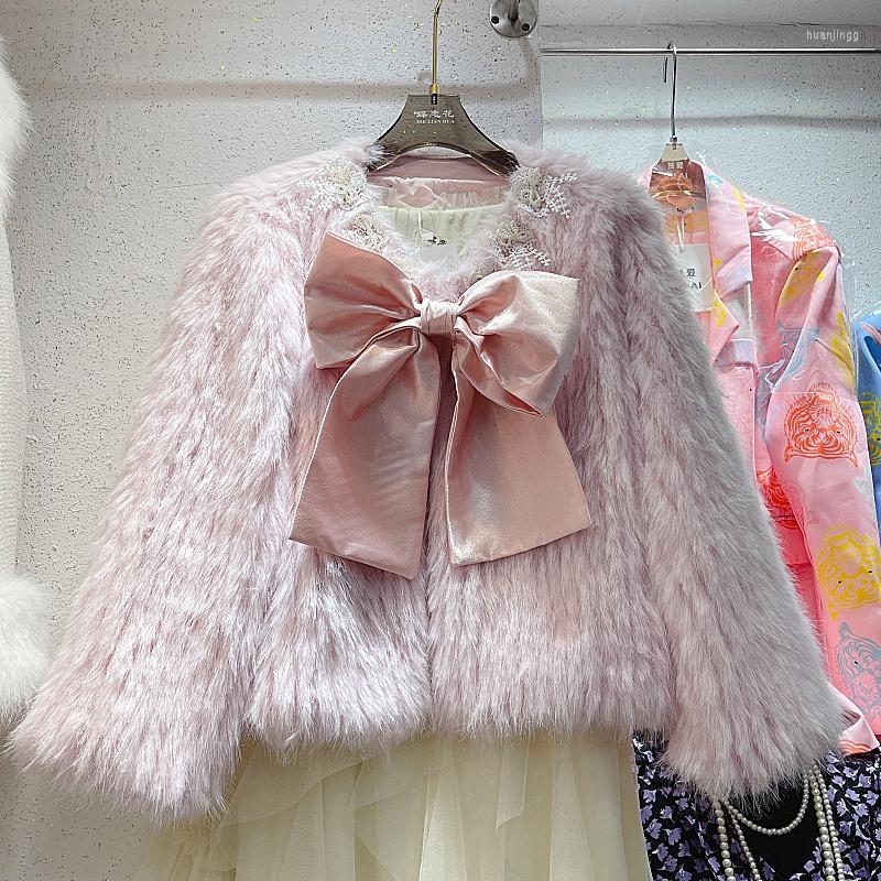 

Women's Fur Winter Elegant Design Bow Coats Women's Fashionable Loose Slimming Coat Top Ladies Thickening Short Jackets Female, White