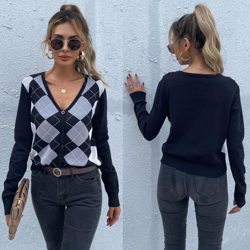 

Women's Knits Cardigan Women Sweater Fall 2022 Europe Long-sleeved Plaid V-neck Knitting Sweaters Fashion YWZ7144, Black