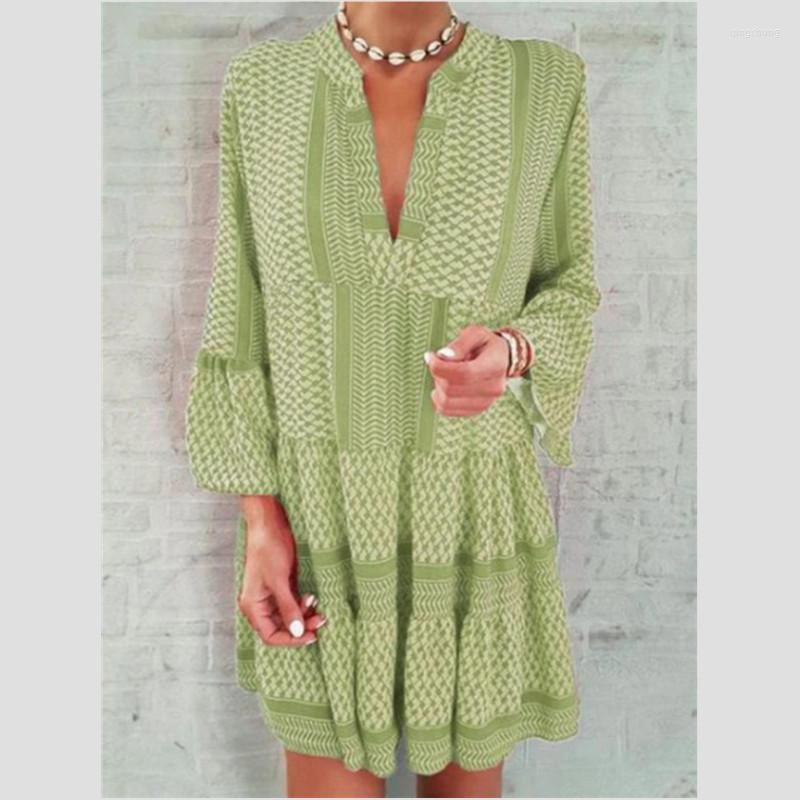 

Casual Dresses Loose Dress Indie Boho Long Sleece V-Neck Beach Printed Pleated Party Oversized Vestidos 2022 Women Mini, Blue