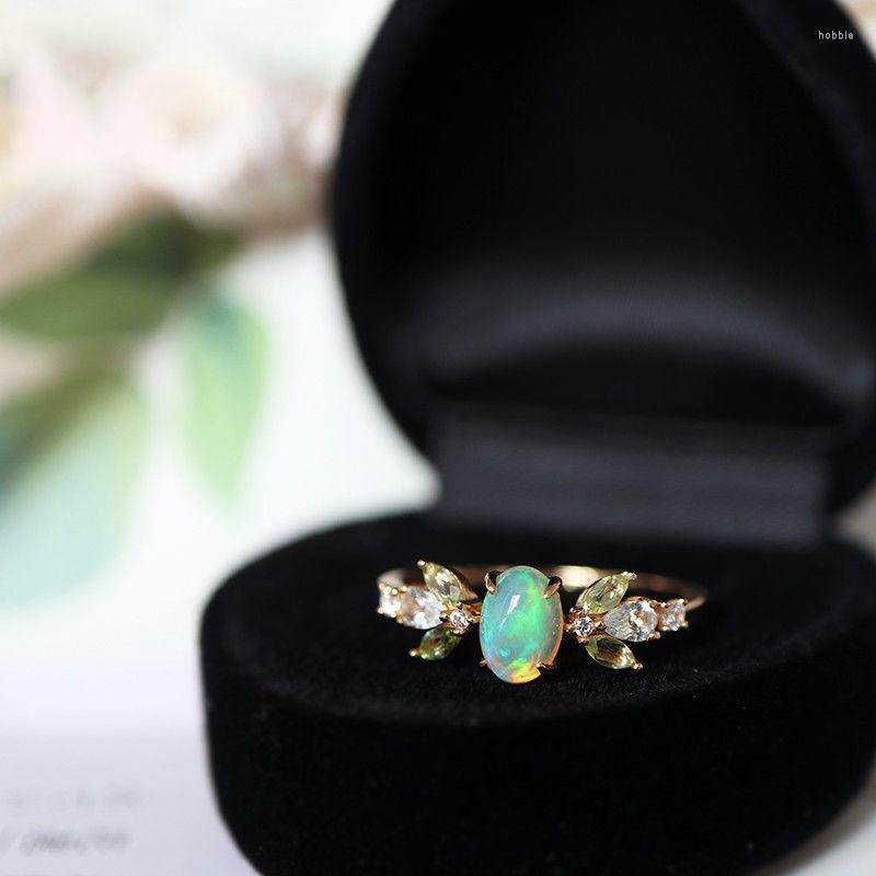 

Cluster Rings S925 Sterling Silver 14K Yellow Gold Plated Opal Leaf Ring For Women Gifts Fashion Luxury Geometric Design Trendy Jewelry