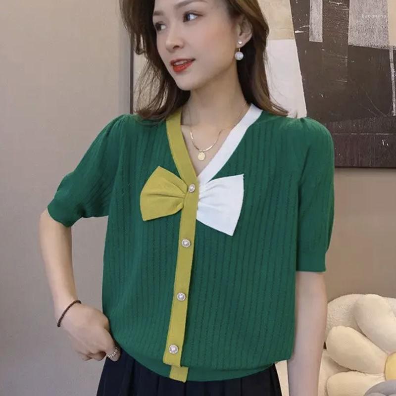 

Women' T Shirts 2022 Woman V-neck Knit Tops Female Short Sleeve Summer Basic Ladies Simple Bow Print Casual Slim Thin A70, White