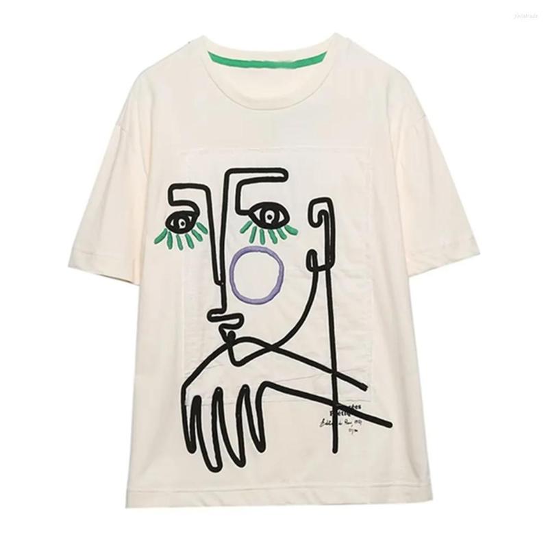 

Women' T Shirts Jenny&Dave 2022 High Street Retro Cartoon Embroidery Loose O-neck Casual Tshirts Cotton Tops Women, Beige