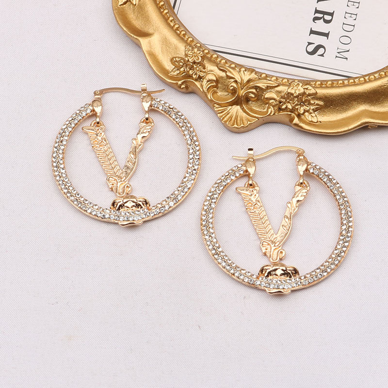 

Simple 18K Gold Plated 925 Silver Luxury Brand Designers Round Letters Hoop Stud Geometric Famous Women Crystal Rhinestone Large Earring Wedding Party Jewerlry