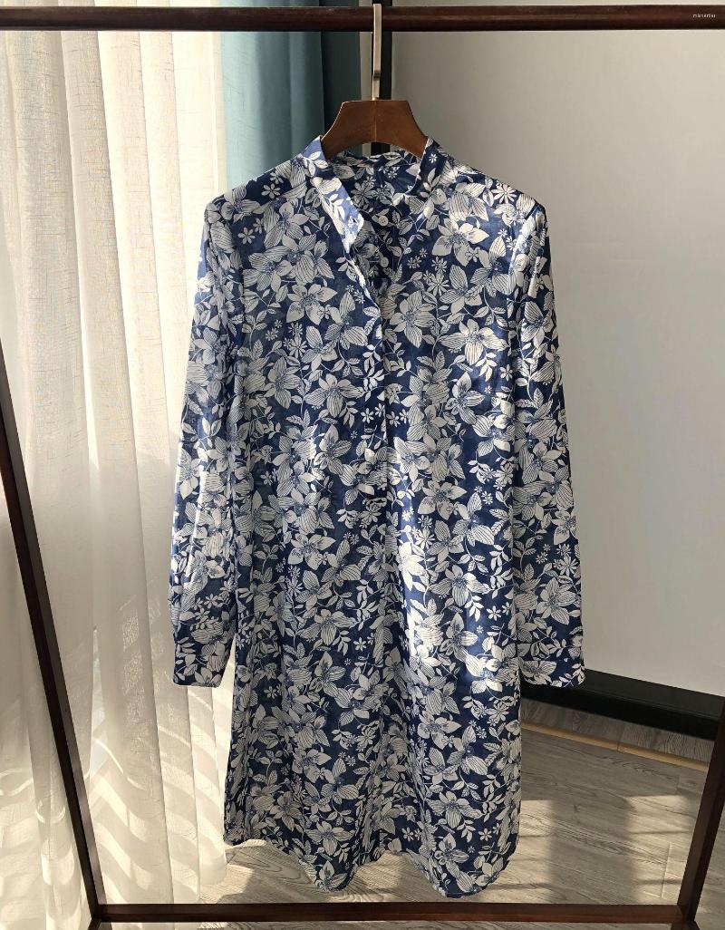 

Casual Dresses Blue Women Dress Flower Cotton Long Sleeve Mini